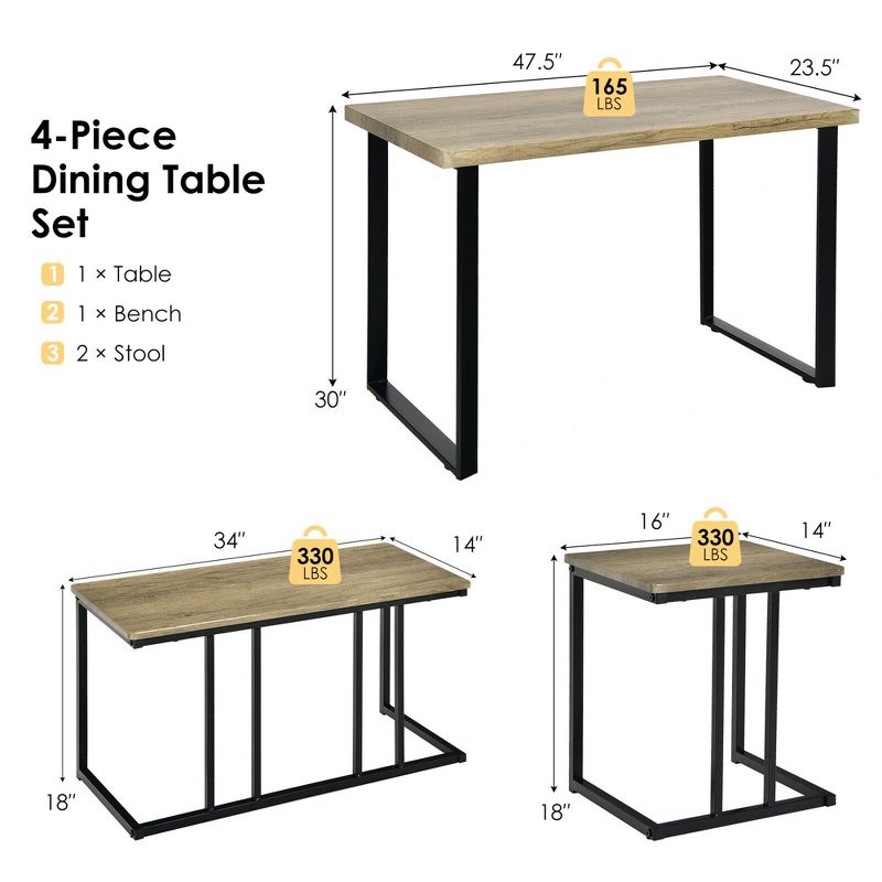 Costway 4-Piece Dining Table Set Industrial Dinette Set Kitchen Table w/Bench & 2 Stools, 2 of 11