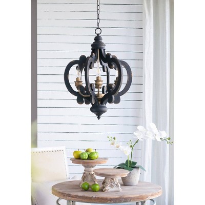 Antique Black 6-Light Wrought Iron Chandelier with Glass Shades