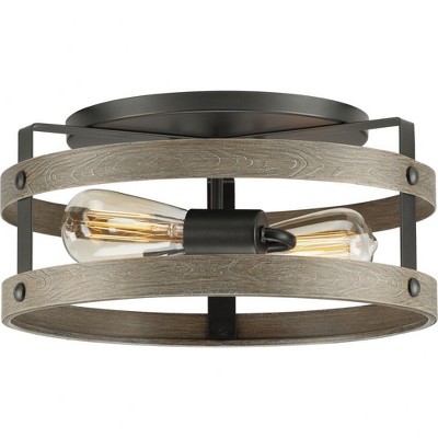 Progress Lighting Gulliver 2-Light Flush Mount Ceiling Light, Graphite, Open-Cage Design, Faux-Wood Finish