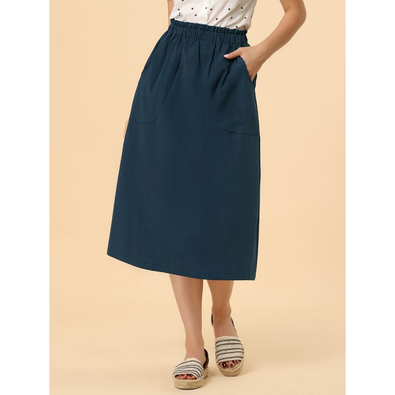 Allegra K Women's Casual Elastic Waist Peasant A-Line Midi Skirts with Pockets, 5 of 7