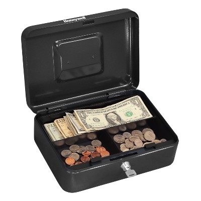 Black Steel Security Cash Box with Key Lock and Removable Tray