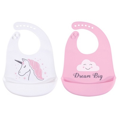 Hudson Baby Infant Girl Silicone Bibs 2pk, Unicorn, One Size