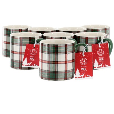 Martha Stewart Holiday Plaid 8 Piece 19 Ounce Stoneware Mug Set in Green