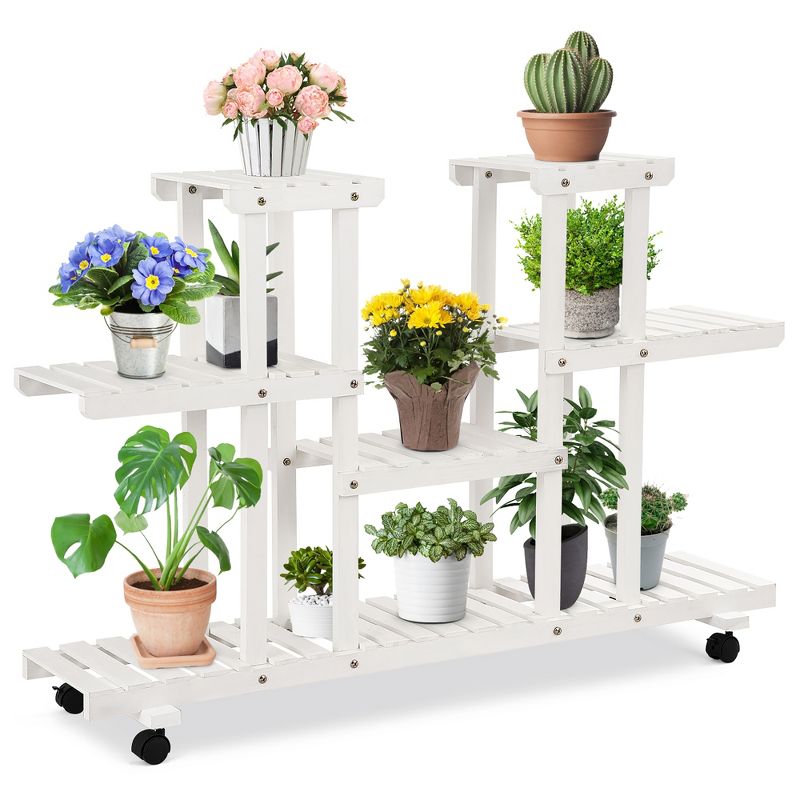 4-Tier Rolling Flower Rack Wood Plant Stand Casters 12 Pots Bonsai Display Shelf, 1 of 9
