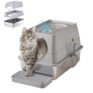 Large Stainless Steel Enclosed Cat Litter Box with Lid, Metal Kitty Litter Box with Flip Cover, Removable Top and Litter Scooper, 17.32'' - 1 of 4