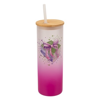 Elanze Designs 25 Ounce Frosted Glass Gradient Travel Tumbler With Straw and Wooden Lid, Books and Bows Pink