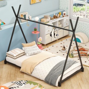 1pc Twin House Bed Frame, Black Sturdy Metal Low Profile Platform with Safety Rails, No Box Spring Needed - Baofuwish - 1 of 4