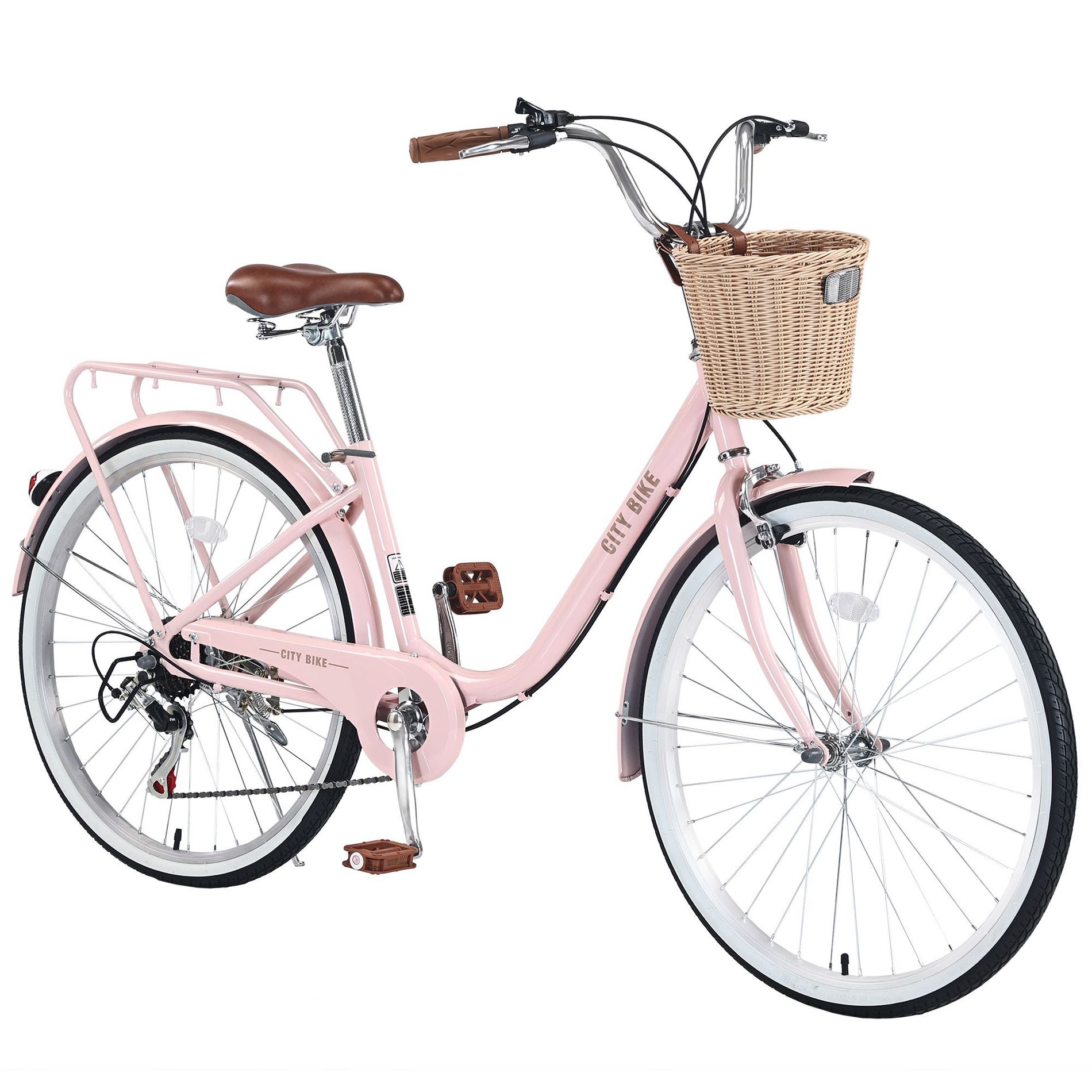 CAVINAS 26 Inch 7-Speed Shimano Shifter and Derailleur City Bike with Basket,Cruiser Bicycle with Steel Frame for Garden & Outdoor,Pink