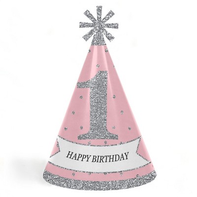 Big Dot of Happiness Pink Onederland - Cone Winter Wonderland Happy Birthday Party Hats for Kids and Adults - Set of 8 (Standard Size)