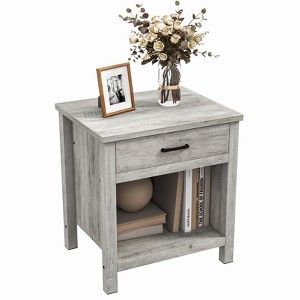 Nightstand with Drawer & Shelf ¨C Rustic Wood Bedside Table for Bedroom & Living Room (56x45x60cm, Gray) ¨C Compact End Table with Storage - 1 of 4