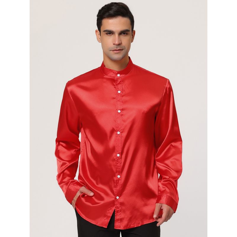 Lars Amadeus Men's Long Sleeves Band Collar Button Down Solid Prom Satin Shirts, 3 of 7