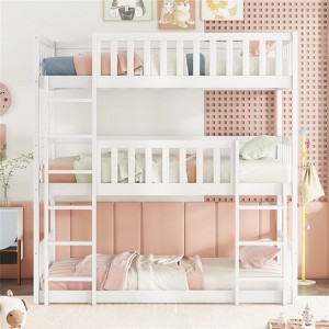 RISOKEYS Twin Size Triple Rubber Wood Bunk Bed - Detachable Triple Twin Bunk Bed with Two Built-in Ladders and Guardrails - 1 of 4