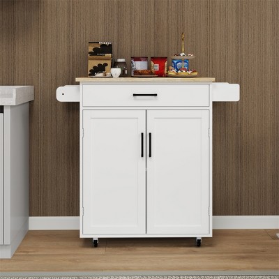 Kitchen island rolling trolley cart with 1 drawer & 2 doors with storage racks & Adjustable Shelves & towel rack &seasoning rack rubber wood table top