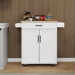 Kitchen island rolling trolley cart with 1 drawer & 2 doors with storage racks & Adjustable Shelves & towel rack &seasoning rack rubber wood table top - 1 of 4