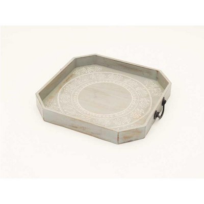 HomeRoots Set Of Two Gray and White Octagon Solid Wood Paisley Handmade Serving Tray With Handles
