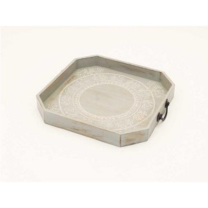 HomeRoots Set Of Two Gray and White Octagon Solid Wood Paisley Handmade Serving Tray With Handles - 1 of 4