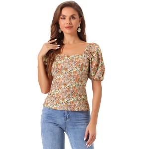 Allegra K Women's Puff Sleeve Square Neck Peasant Floral Blouse - 1 of 4