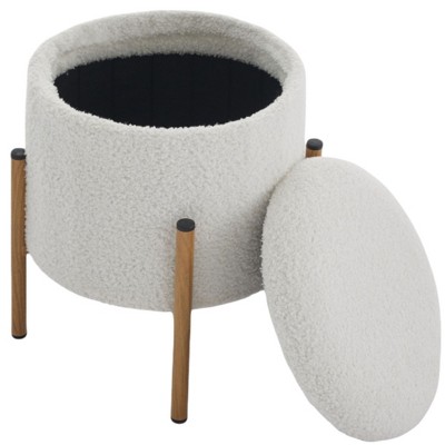FURNIinspire Ottomans And Benches Modern Round Storage Ottoman With Removable Lid Storage Metal Base Ottoman Footstool, White, 13.00"*13.00"*15.80"