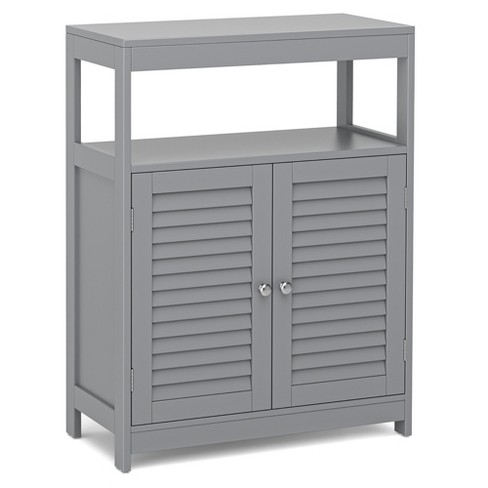 Tall Bathroom Floor Cabinet with Shutter Doors and Adjustable Shelf-Gray | Costway