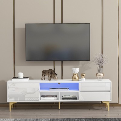 Dolonm Modern  TV Stand / Table, TV Consoles, Media Consoles with 20 Color LEDs , Tempered Glass Shelves and Storage Cabinet