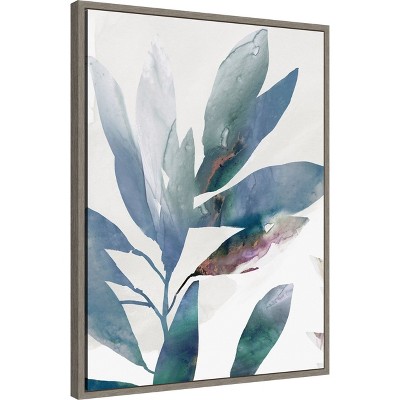 Indigo Sprig Abstract Floral Canvas Wall Art with Gray Frame