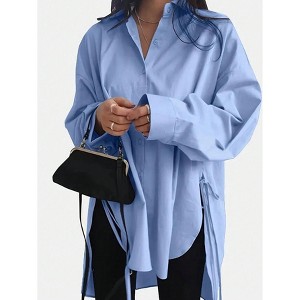 Clearlove Womens Oversized Tie Waist Shirt Asymmetrical Hem Loose Fit Blouse Flowy Casual Long Sleeve Tunic Top - 1 of 3