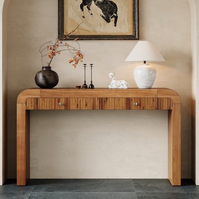 VYNXARIA Rustic Console Table with Fluted Drawer Front, Entryway Table with Curved Corners&Thick Legs(Brown)