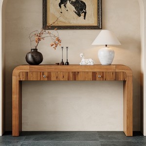 VYNXARIA Rustic Console Table with Fluted Drawer Front, Entryway Table with Curved Corners&Thick Legs(Brown) - 1 of 4