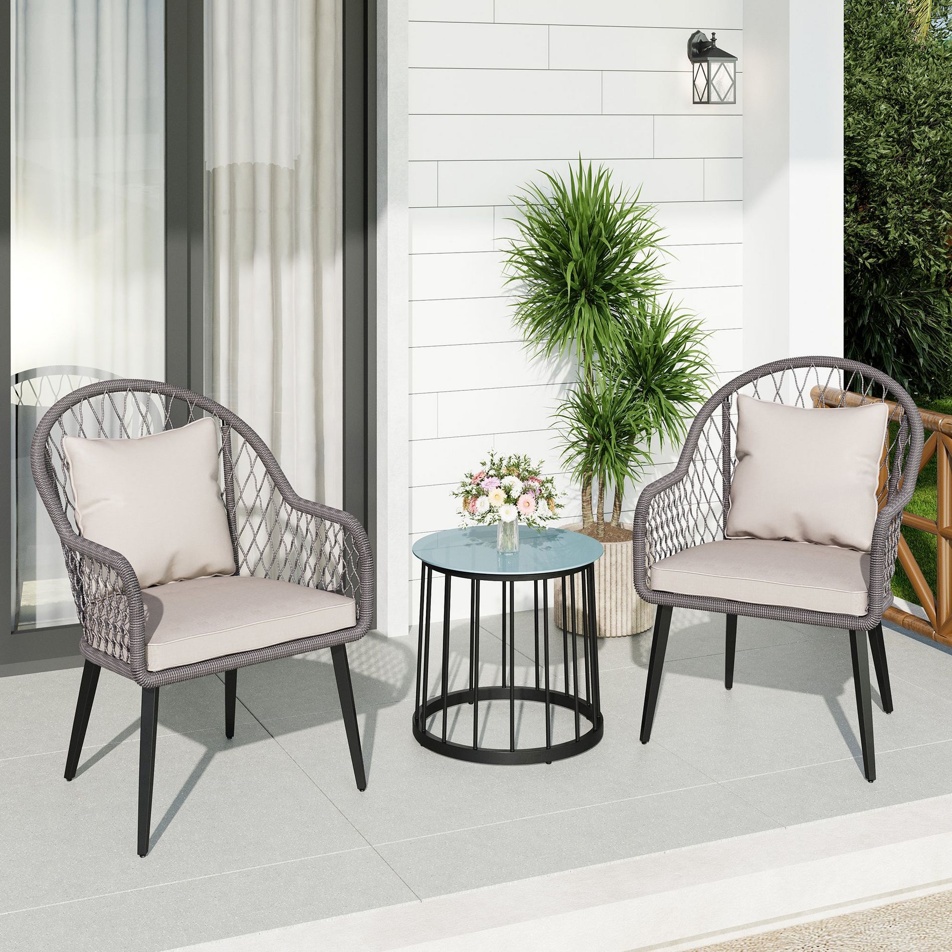 Captiva Designs 3pc Small Space Outdoor Furniture Dining Bistro Set with Glass-top Table & All-weather Woven Chairs