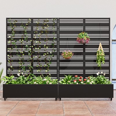 Wooakway Black Metal Planter Box with Trellis Raised Garden Bed with Arbor Privacy Screen with Wheels