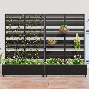 Wooakway Black Metal Planter Box with Trellis Raised Garden Bed with Arbor Privacy Screen with Wheels - 1 of 4