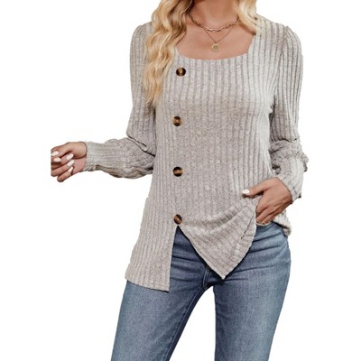 Womens Square Neck Long Sleeve Sweater Blouse Turtleneck Split Hem Faux Button Knitted Sweater T Shirt