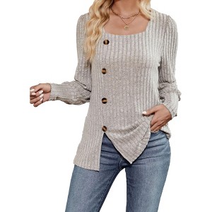 Womens Square Neck Long Sleeve Sweater Blouse Turtleneck Split Hem Faux Button Knitted Sweater T Shirt - 1 of 4