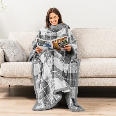 Plaid Light Gray Sherpa Fleece Wearable Blanket with Sleeves