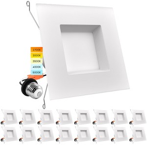 Luxrite 5/6 Inch LED Square Recessed Lighting, 14W=90W, 5CCT 2700K-5000K, Dimmable, 1100LM, Wet Rated, IC Rated, Baffle Trim 16 Pack - 1 of 4