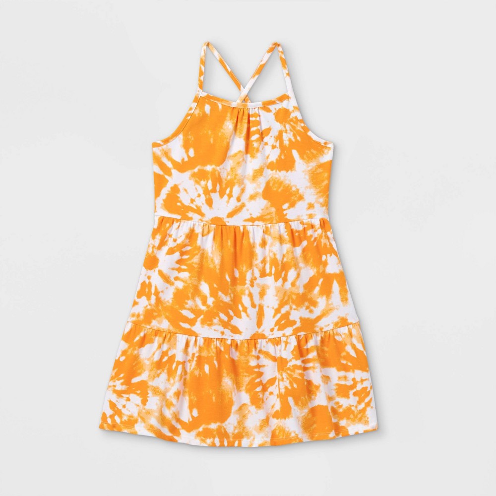 size XS Girls' Printed Tiered Knit Sleeveless Dress - Cat & Jack Orange
