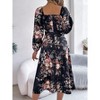 Women's Boho Flowy Long Sleeve Square Neck Floral Midi Dress Smocked Spring Fall Wedding Guest Dresses - 2 of 4