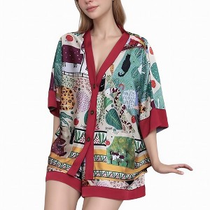Anna-Kaci Lounge Women's Animal Print Pajama Set with Short Sleeves Button-Up Top and Contrast Trim Shorts - 1 of 4