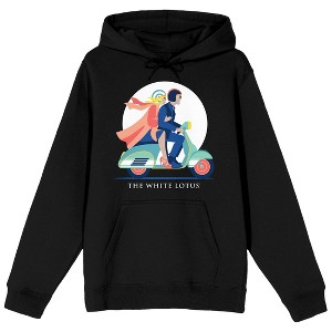 White Lotus Couple On Scooter Vector Art Long Sleeve Black Adult Hooded Sweatshirt - 1 of 3