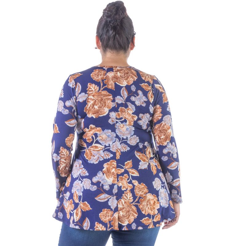 24seven Comfort Apparel Womens Blue Floral Long Sleeve V Neck Plus Size Tunic Top, 3 of 5
