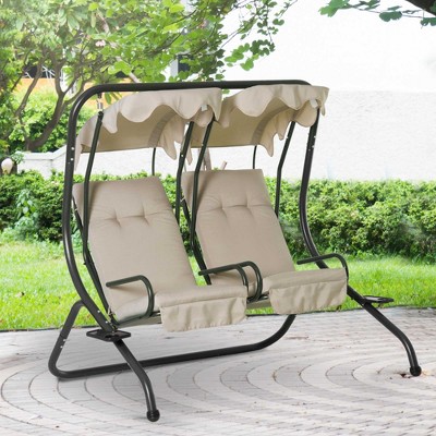 Beige Outdoor Patio Swing Chair with Separate Seats and Canopy