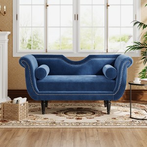 Christopher Knight Home Baird Velvet Bench with Nailhead Trim and Curved Arms, 2 Pillows and Wood Legs - 1 of 4