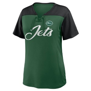 NFL New York Jets Women's Short Sleeve Lace Up V-Neck Top - 1 of 3