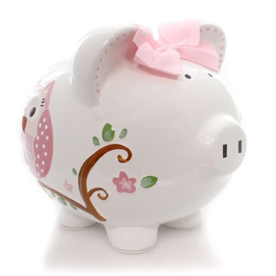 Bank 7.75" Pink Dotted Owl Piggy Bank Money Saver Butterfly  -  Decorative Banks