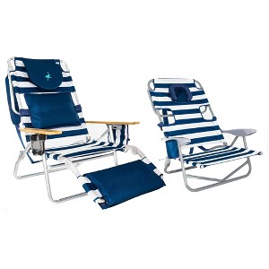 Ostrich Portable Deluxe 3-in-1 Padded Sports Chair w/5 Positions and Footrest & On-Your-Back Outdoor Camping Recliner w/5 Positions, Blue Stripe - 1 of 4