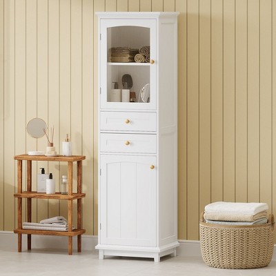 Tall Bathroom Storage Cabinet with Glass Doors, Two Drawers, and Adjustable Shelves
