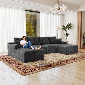 131.9"70.8" Plush Corduroy 4-Piece Modular Sectional Sofa with No Assembly Required and Comfortable Chaise Lounge - 1 of 4