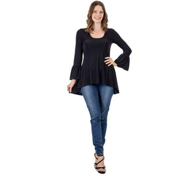 24seven Comfort Apparel Womens Long Bell Sleeve High Low Tunic Top