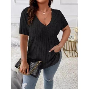 Clearlove Plus Size Tops for Women Short Sleeve Shirts V Neck Loose Fit Blouse Solid Color Lightweight Shirts - 1 of 3