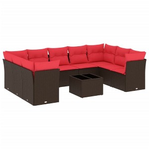 vidaXL 10 Piece Patio Sofa Set with Cushions Brown and Red Poly Rattan - With Table - 1 of 4